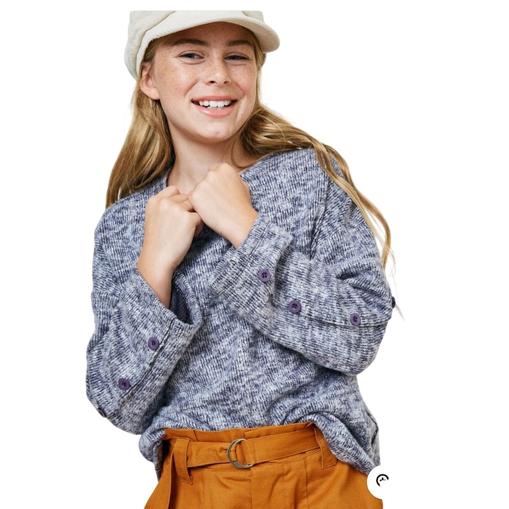 Hayden Girls Blue Textured Knit Sweater Long Sleeve Button Sleeve‎ Detail NEW